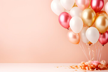 Fondo para cumpleaños fiesta y celebración con globos rosa, dorados blancos y tonos pastel con confeti.