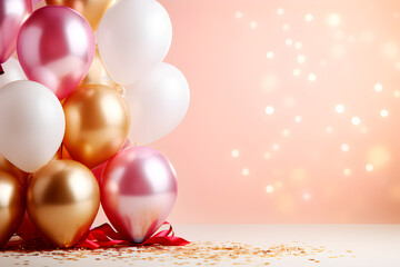 Fondo de banner de celebración de cumpleaños con confeti y globos en tono rosa pastel y dorados