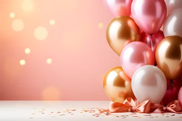 Fotobehang Fondo de banner de celebración de cumpleaños con confeti y globos en tono rosa pastel y dorados © TaniaC.