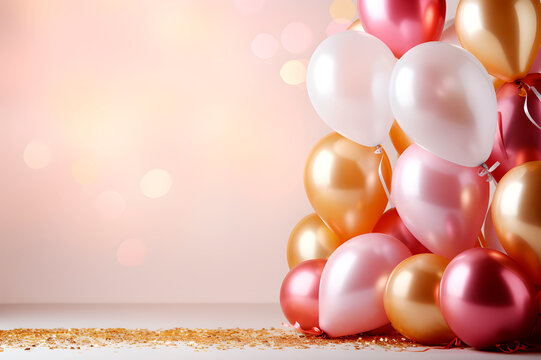 Fondo de banner de celebración de cumpleaños con confeti y globos en tono rosa pastel y dorados