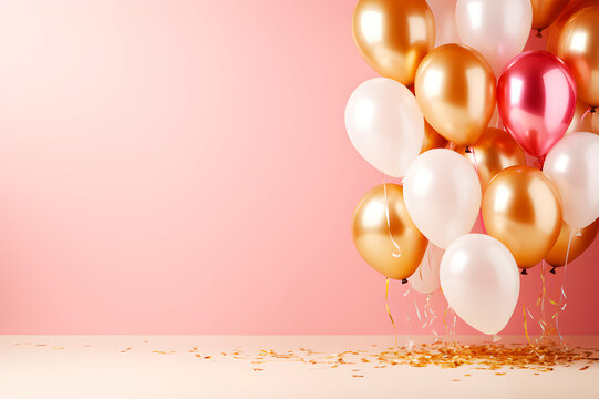 Fondo de cumpleaños en tonos pastel con globos color rosa y dorado con espacio para texto.