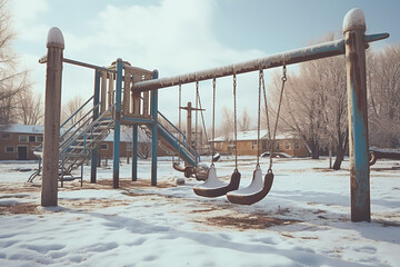 An abandoned playground covered in snow during winter, with swings and slides blanketed in white,...