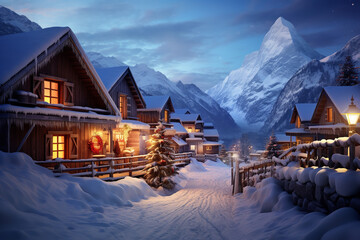A picturesque snowy mountain village at dusk, with twinkling lights in cozy cottages and a thick...