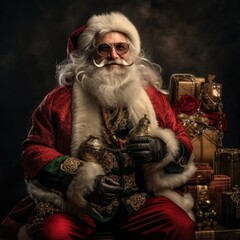 Happy Santa holding a box full of gifts