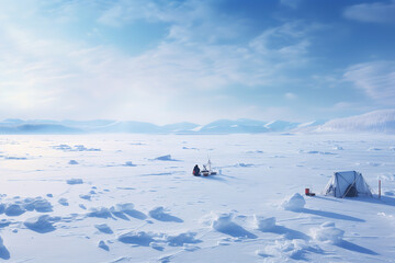 Individuals ice fishing on a vast frozen lake, bundled up in warm gear, with fishing holes carved into the thick ice, surrounded by a serene, cold landscape.