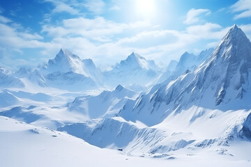 Fototapeta na wymiar Towering mountain peaks covered in snow and ice, under a clear blue sky, showcasing the harsh beauty of a cold, mountainous environment.