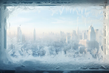 A frosty window offering a view of a snowy cityscape, with intricate frost patterns framing the...