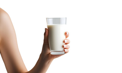 Hand holding a glass of milk isolated on white background, transparent cutout