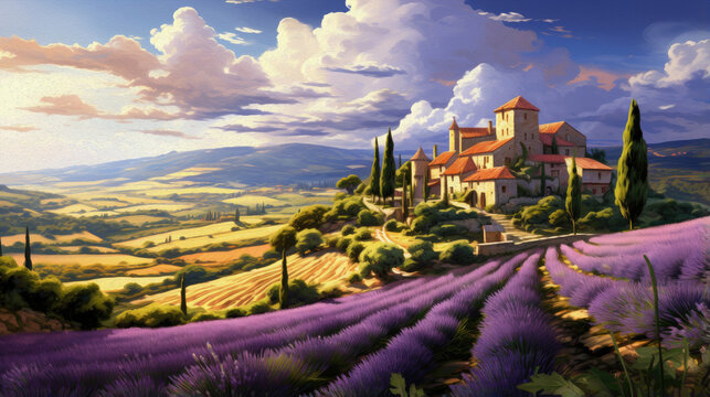 Large fields of purple lavender, Manor Castle and beautiful sunset