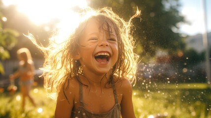 happy laughing girl playing water in summer - obrazy, fototapety, plakaty