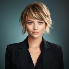 Portrait of business woman with black suit and short hair