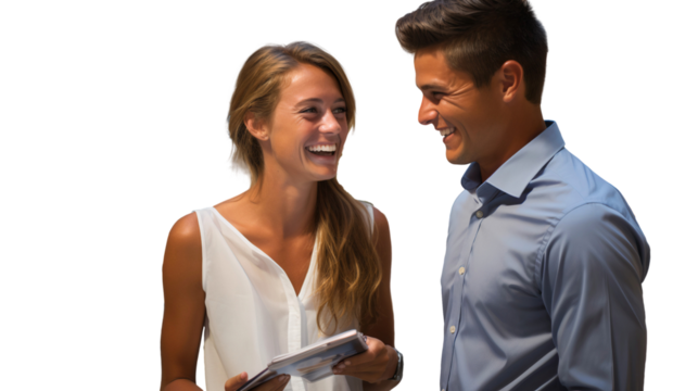 Business couple looking at each other isolated on white background, transparent cutout