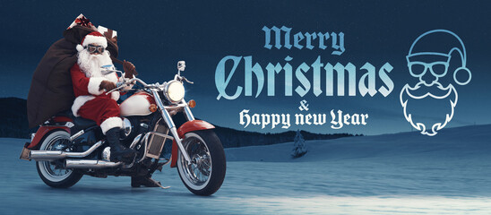 Unconventional Christmas card with Santa Claus biker - obrazy, fototapety, plakaty