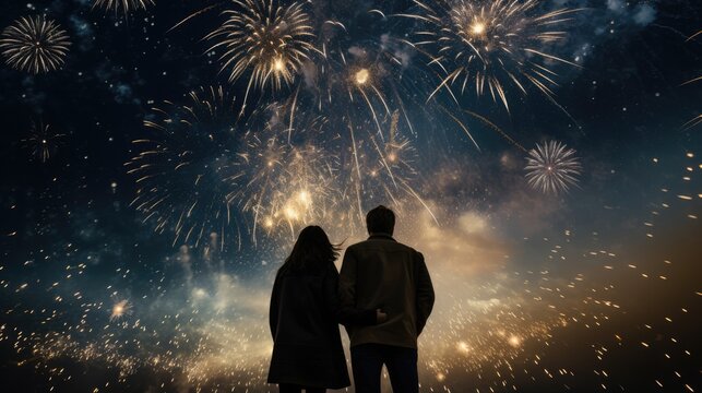 Happy People Looking Up To The Sky With Firework In New Year 2024 Night Celebrate Happy New Year Festival 2024 Comeliness.