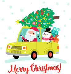 Christmas card with cute Santa and snowman in the car