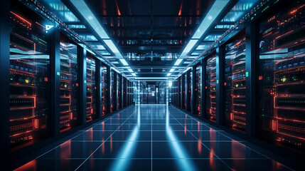 Data center room showcasing vast network of servers and storage systems with dramatic lighting, AI Generated