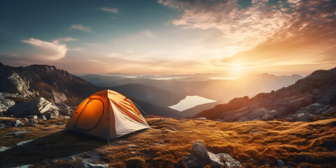 Camping in the mountains at sunset background, The concept of active tourism