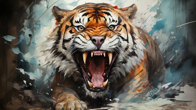 Watercolor illustration of a tiger with its mouth open