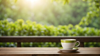 empty wooden table with cup of green tea behind blurred natural background