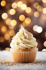 Tasty Christmas cupcakes cookies on table against blurred background