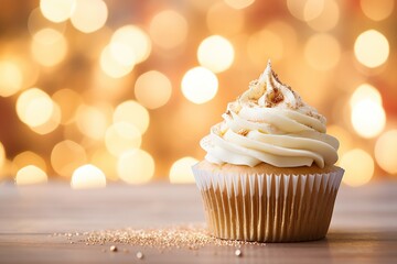 Tasty Christmas cupcakes cookies on table against blurred background