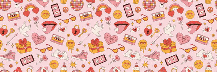 Valentines Day Groovy seamless pattern. Retro hippie psychedelic style vector wallpaper in 60s, 70s. Vector cartoon background