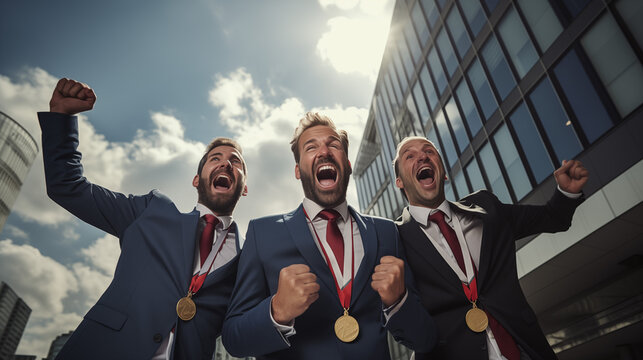 Three elegant businessmen exult with a gold medal at the neck. 