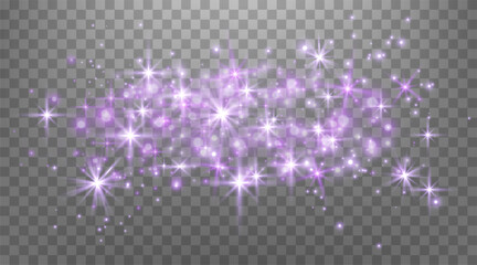 Purple magic sparks and dust stars. Purple glow flare light effect. Christmas light effect. Vector particles on transparent background. © Elena