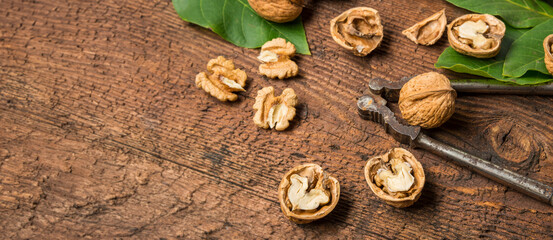 fresh walnuts on an old wooden table