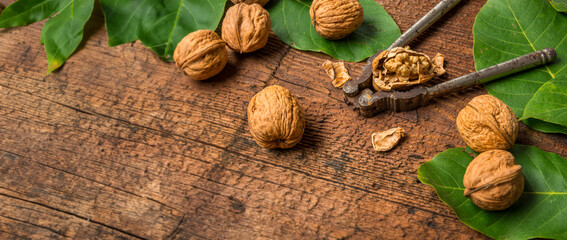 fresh walnuts on an old wooden table