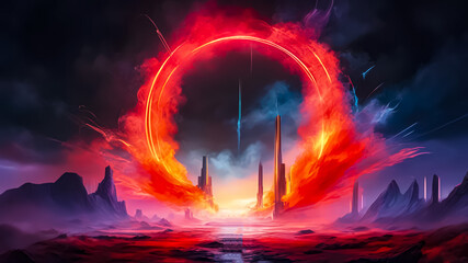A cosmic landscape with a neon circle and smoke. Multicolored paints. Dark background. Fantasy. AI	

