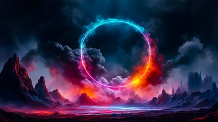 A cosmic landscape with a neon circle and smoke. Multicolored paints. Dark background. Fantasy. AI	
 - obrazy, fototapety, plakaty