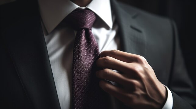 Close up of businessman adjusting necktie.