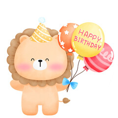 Lion wearing a party hat and holding balloons