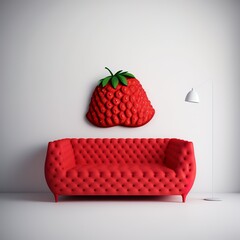 Red sofa in strawberry texture in front of white wall soft comfortable sitting and lying place with lamp embroidered Generative AI 