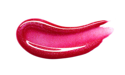 Red shimmering lipgloss texture isolated on white background. Smudged cosmetic product smear. Makup...