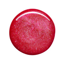 Red shimmering round lip gloss texture isolated on white background. Smudged cosmetic product...