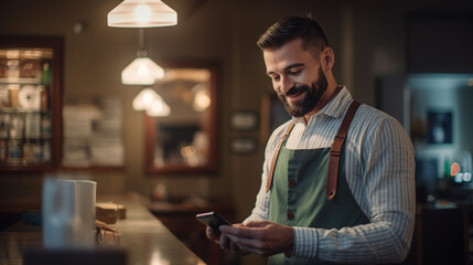 Coffee shop owner standing in front of his cafe, Face reflecting pride and satisfaction, AI Generated