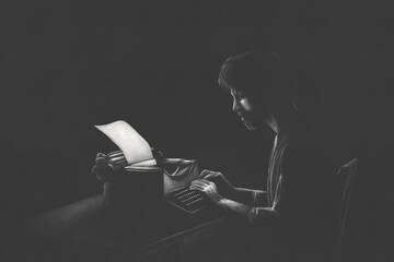 Illustration of man writing a letter with typewriter in the dark, creativity concept