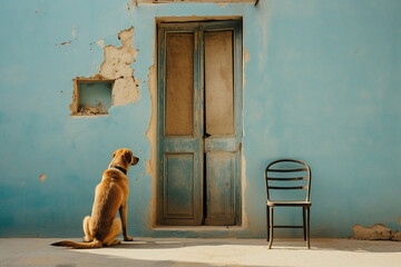 dog wait at home door - obrazy, fototapety, plakaty