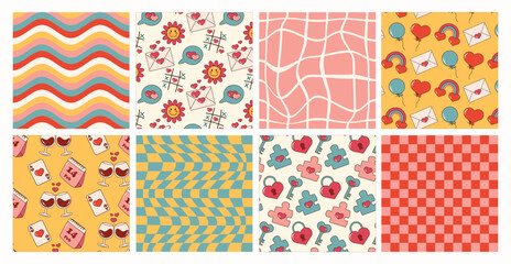 Set of groovy trendy backgrounds with flowers, chessboard, waves and romantic elements. Happy valentine's day. February 14. Cute seamless pattern with romantic and love elements. Love and celebration.
