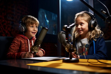 child with headphones podcasting in studio