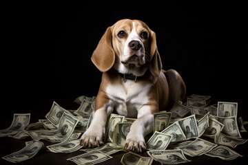 dog sit on cash money isolated - obrazy, fototapety, plakaty