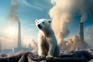 Polar bear on a melting snow with distant industrial smokestacks.Concept of global warming, pollution of planet Earth. - obrazy, fototapety, plakaty