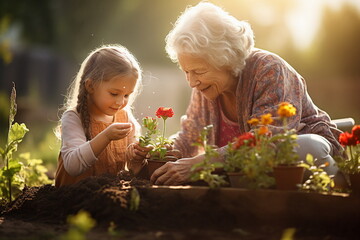 grandmother and granddaughter plant flower in the garden - Powered by Adobe