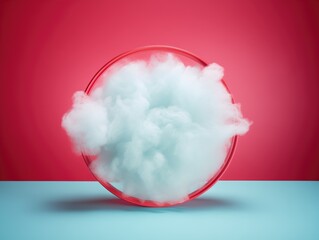Red circular frame with cotton candy clouds. Copy space, romantic background. Ai generated image