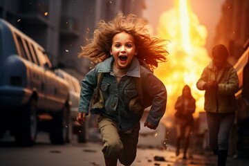 child girl run away from bomb attack - obrazy, fototapety, plakaty