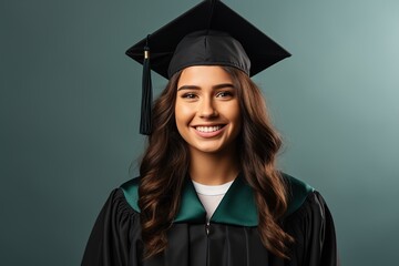 Beautiful brunette young woman wearing graduation cap and ceremony robe looking confident at the camera