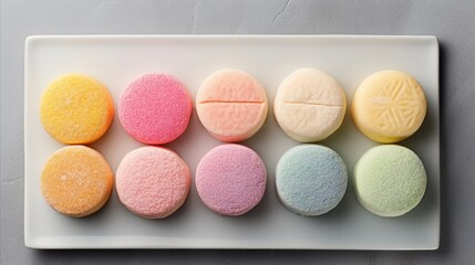 Obraz premium The colorful mochi Japanese rice dessert, top view flat lay arrangement