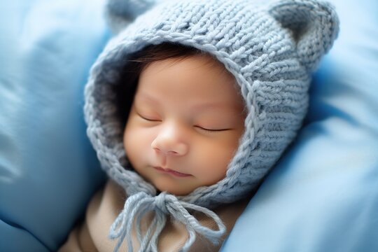  newborn baby with a blue knitted hat.